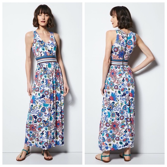 MILLY FOR DESIGNATION Dress Maxi Empire Waist Bohemian Blue Floral Small - Picture 2 of 7